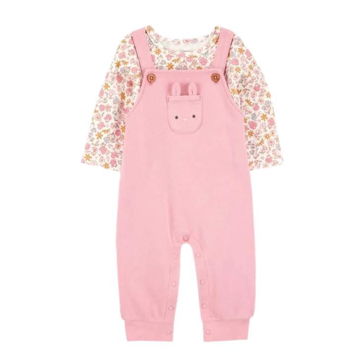 Conjunto 2 piezas, overol con blusa manga larga detalle conejito
