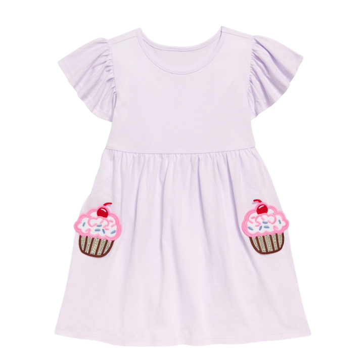 Vestido lila con detalles bolsillos de cupcake para niña 💜