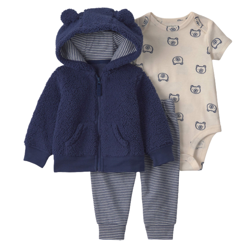 Conjunto 3 piezas con abrigo tipo peluche de osito, mameluco y pantalón para bebito