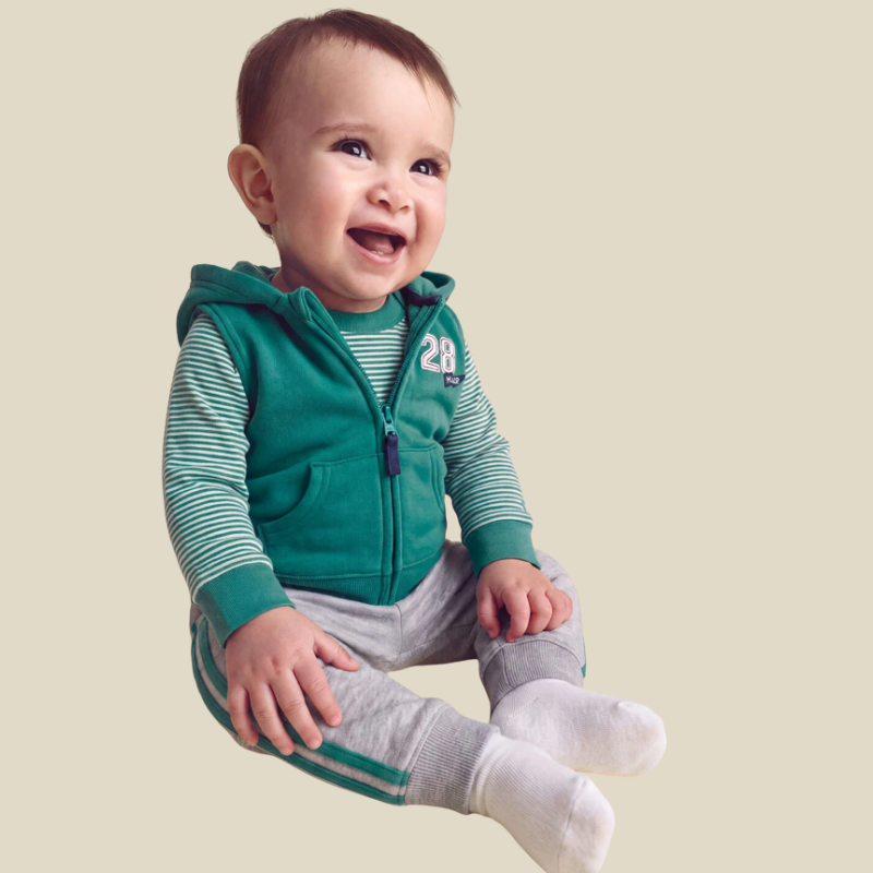 Conjunto 3 piezas con chaleco, mameluco a rayas y pantalón para bebito
