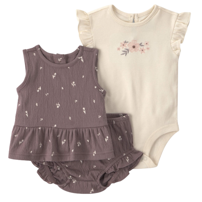 Conjunto 3 piezas floral con blusa y mameluco para bebita