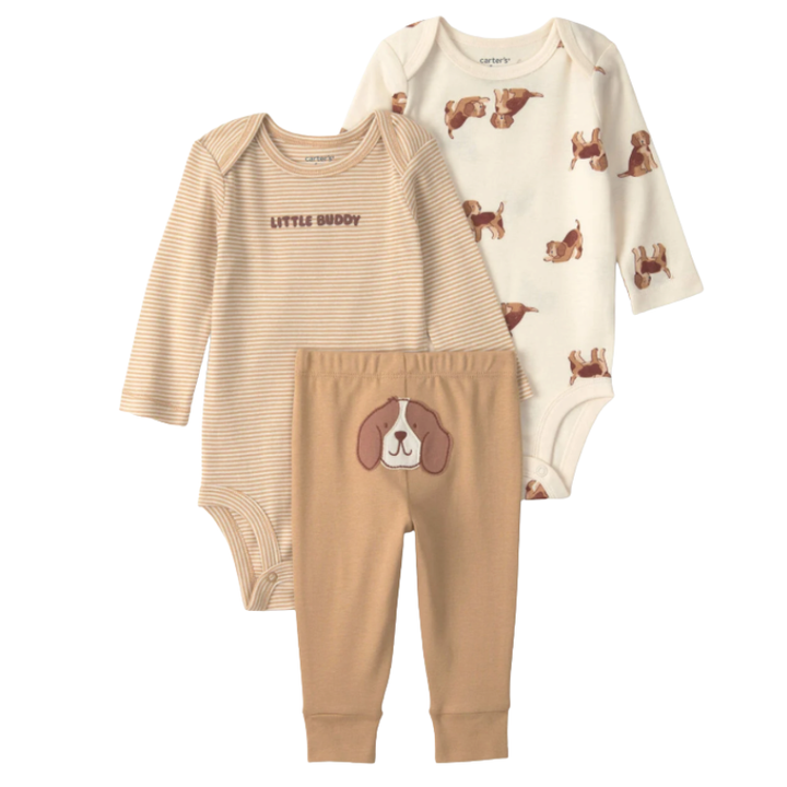 Conjunto 3 piezas de perritos con mamelucos y pantalón para bebito