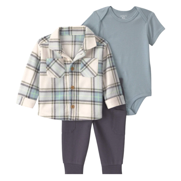 Conjunto 3 piezas con abrigo estilo camisa de cuadros, mameluco y pantalón para bebito