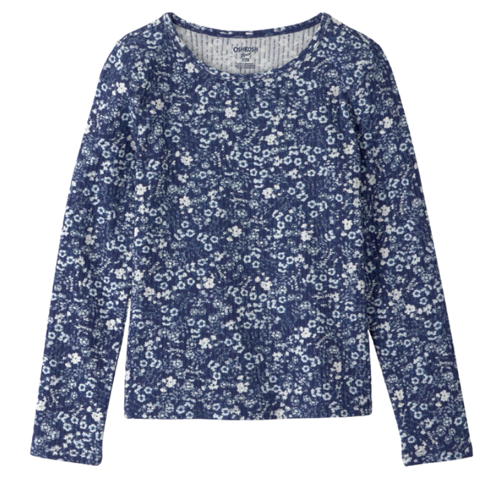 Blusa floral acanalada de manga larga para niña
