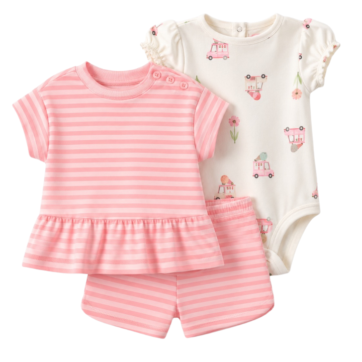 Conjunto de 3 piezas con blusa, mameluco y short para bebita