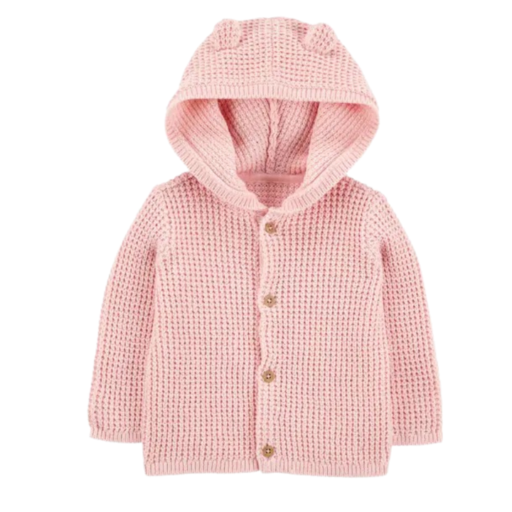 Cardigan tejido con capucha rosado para bebé