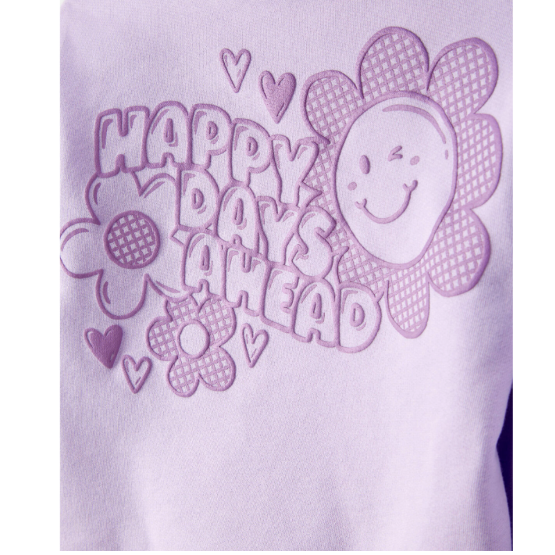 Conjunto de 2 piezas estilo buzo con gorro detalle happy days ahead