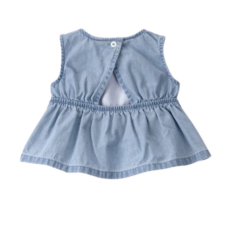 Conjunto de 3 piezas con blusa de chambray, mameluco y cubrepañal para bebita
