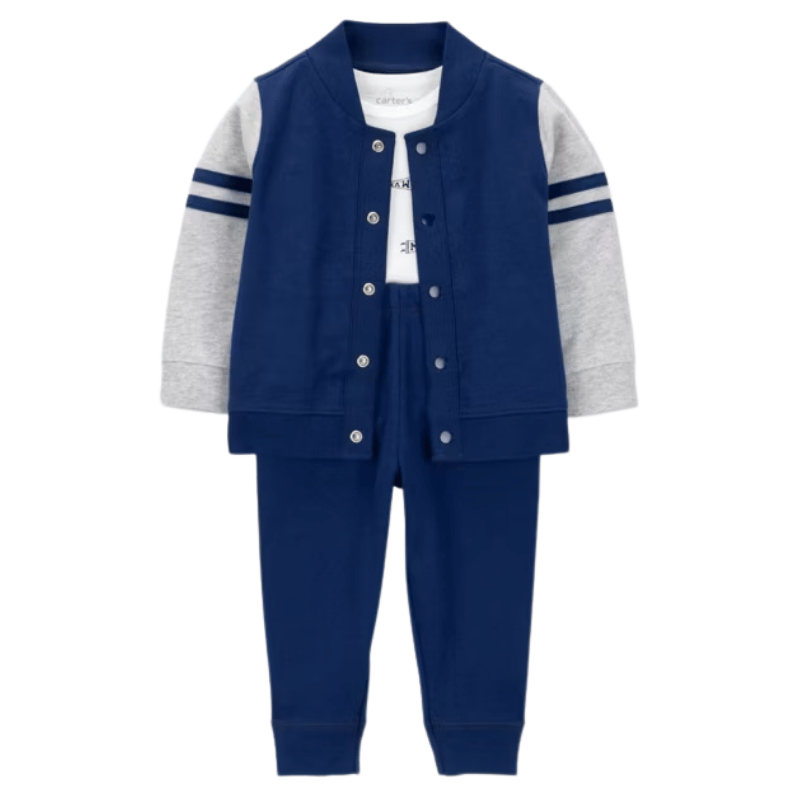 Conjunto de 3 piezas con jacket varsity y pantalón para bebé