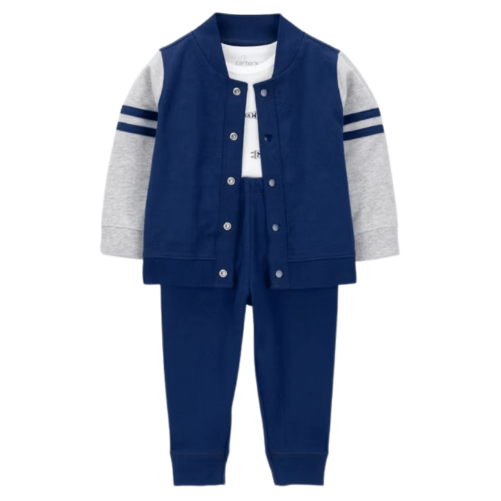 Conjunto de 3 piezas con jacket varsity y pantalón para bebé