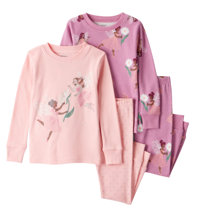 Set de 4 piezas de pijama de algodón para niña con hadas